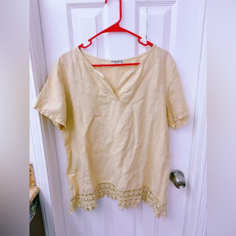 Terzo Millennio Linen blend Top Short Sleeve Crochet‎ Knit Trim baggy fit Size L